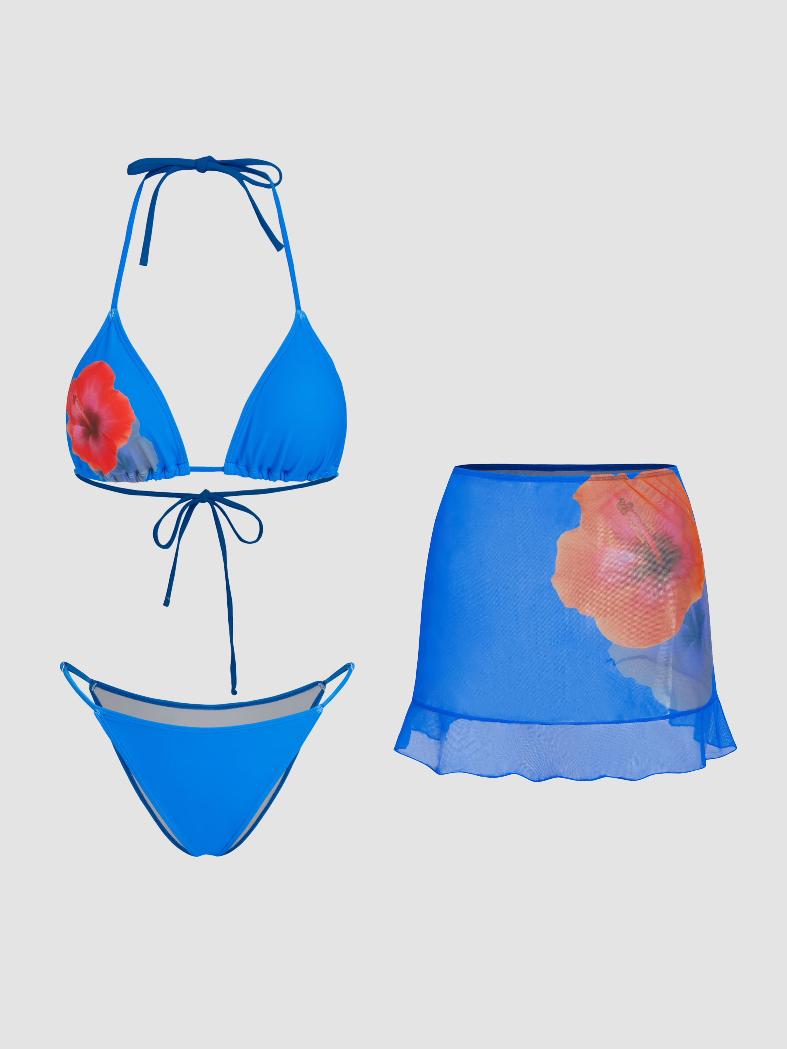 V-Ausschnitt Blumenmuster Gebundener Halter Bikini-Set mit Cover-Up-Skirt