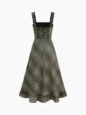 Cotton-blend Square Neck Check Lettuce Trim Shirred Maxi Dress