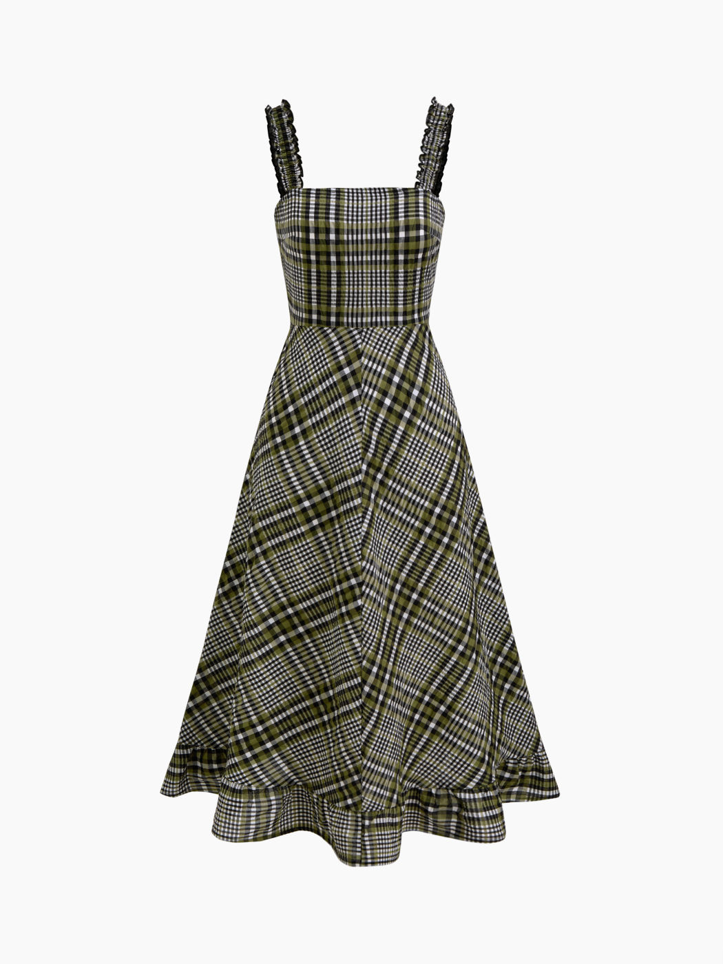 Cotton-blend Square Neck Check Lettuce Trim Shirred Maxi Dress