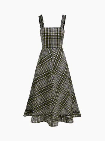 Cotton-blend Square Neck Check Lettuce Trim Shirred Maxi Dress