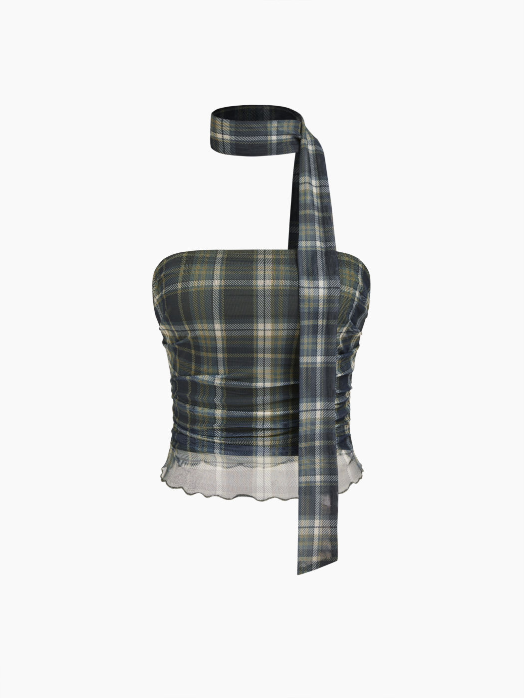 Mesh Lettuce Trim Plaid Bandeau Top With Scarf