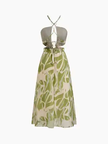 Chiffon V-Hals Floral O-Ring Rückenfreies Maxikleid