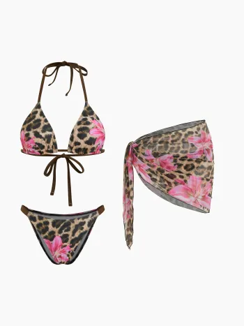 V-neck Floral Leopard Halter Cheeky Bikini Set With Sarong