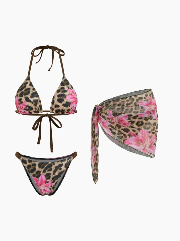 Surf League Halter Neckline Graphic Knotted Triangle Cheeky Bikini Set With Cover Up Shorts