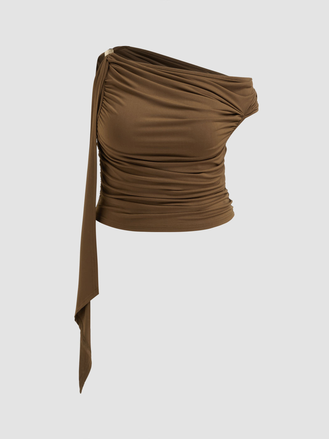 Jersey Asymmetrical Neck Ruched Ruffle Hem Crop Top Curve & Plus