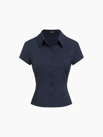 100% Cotton V-neck Check Button Short Sleeve Blouse