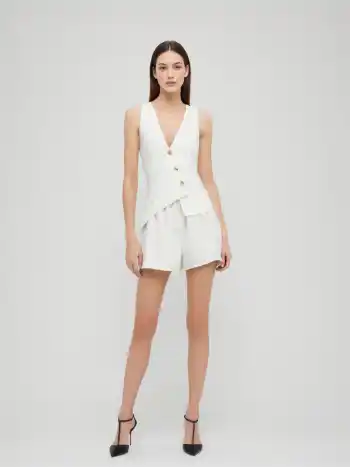 Linen-blend Asymmetrical Hem Lace Up Vest & Mid Rise Shorts Set