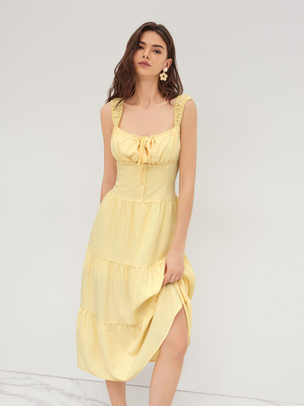 Square Neck Check Tiered Ruffle Maxi Dress