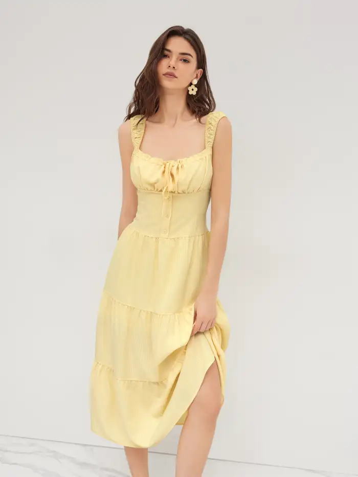 Woven Square Neck Bowknot Corset Ruffle Split Cami Maxi Dress For Date Vacation Holiday