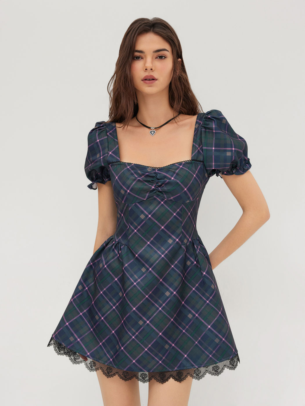 Sweetheart Neckline Check Lace Trim Puff Sleeve Mini Dress