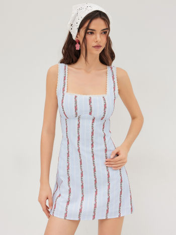 Cotton Square Neck Floral Stripe Embroidery Mini Dress