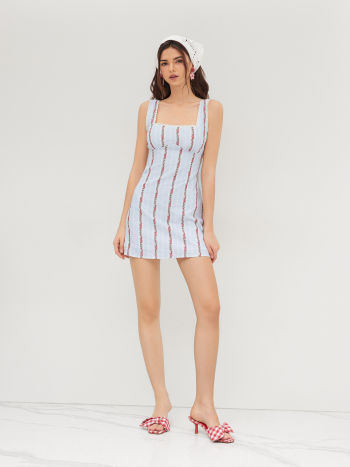 Cotton Square Neck Floral Stripe Embroidery Mini Dress