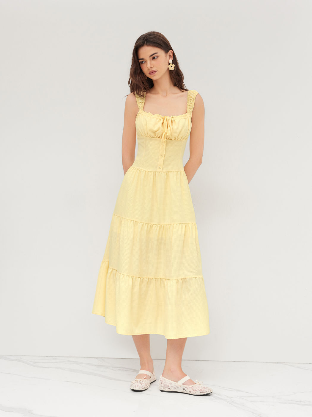 Square Neck Check Tiered Ruffle Maxi Dress