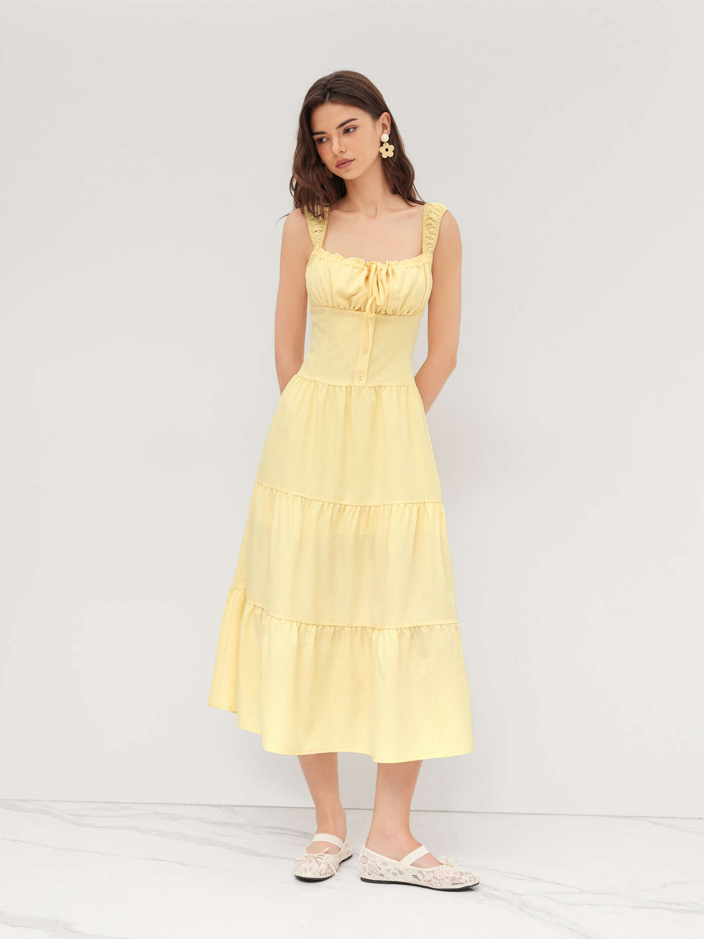 Square Neck Check Tiered Ruffle Maxi Dress