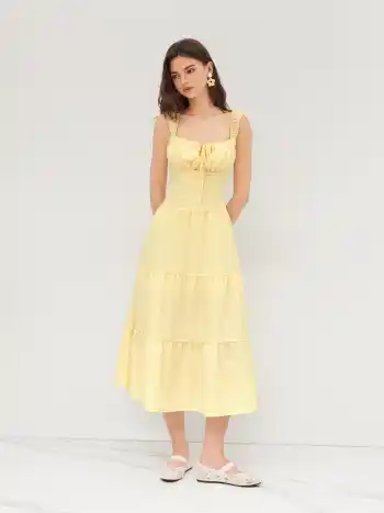 Square Neck Check Tiered Ruffle Maxi Dress
