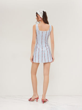 Cotton Square Neck Floral Stripe Embroidery Mini Dress