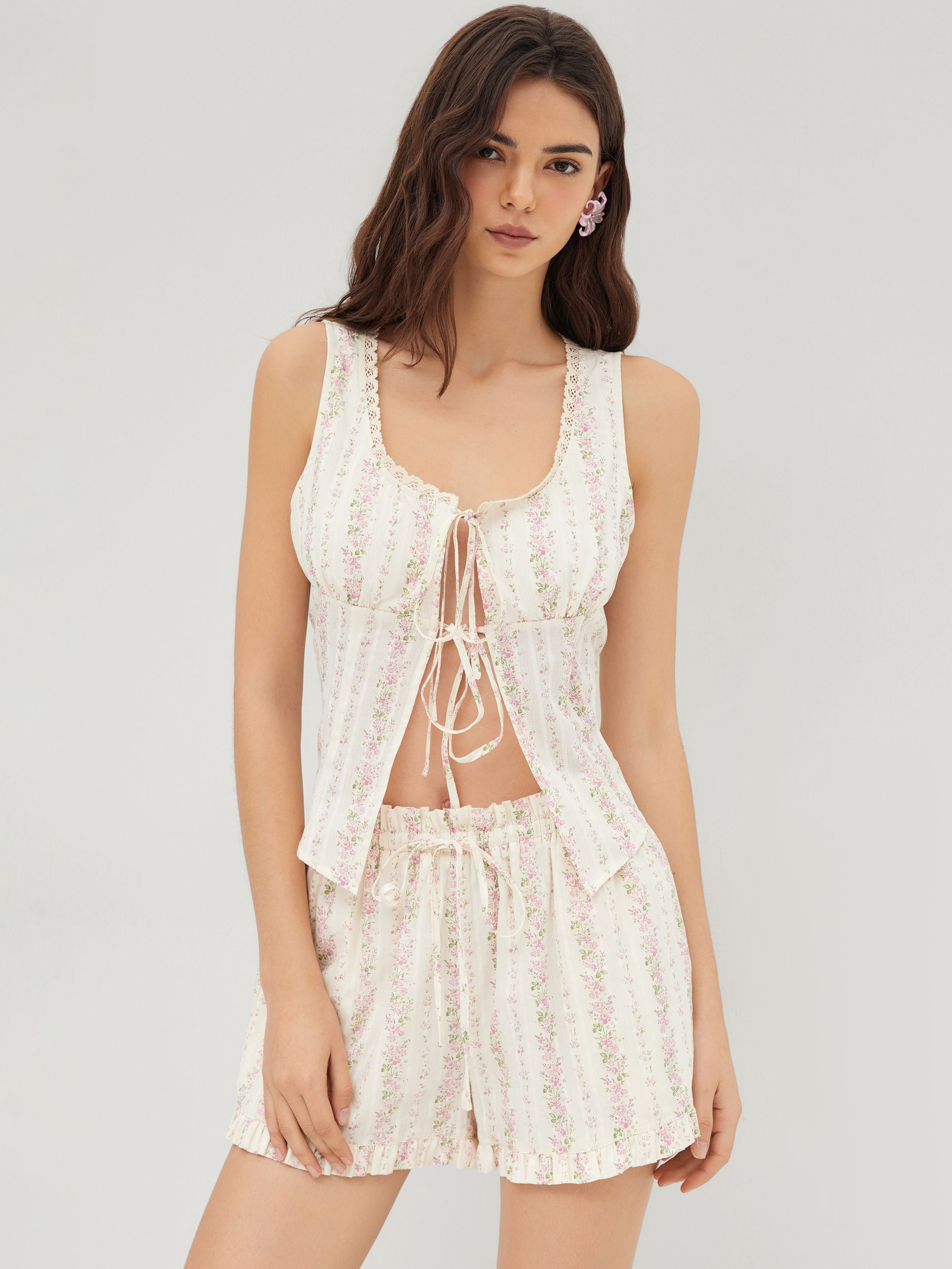 Knit Fabric Floral Button Up Tee & High Waist Shorts Pajama Knit Fabric Floral Button Up Tee & High Waist Shorts Pajama