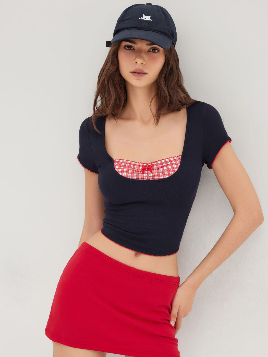 Square Neck Gingham Patched Bowknot Short Sleeve Top