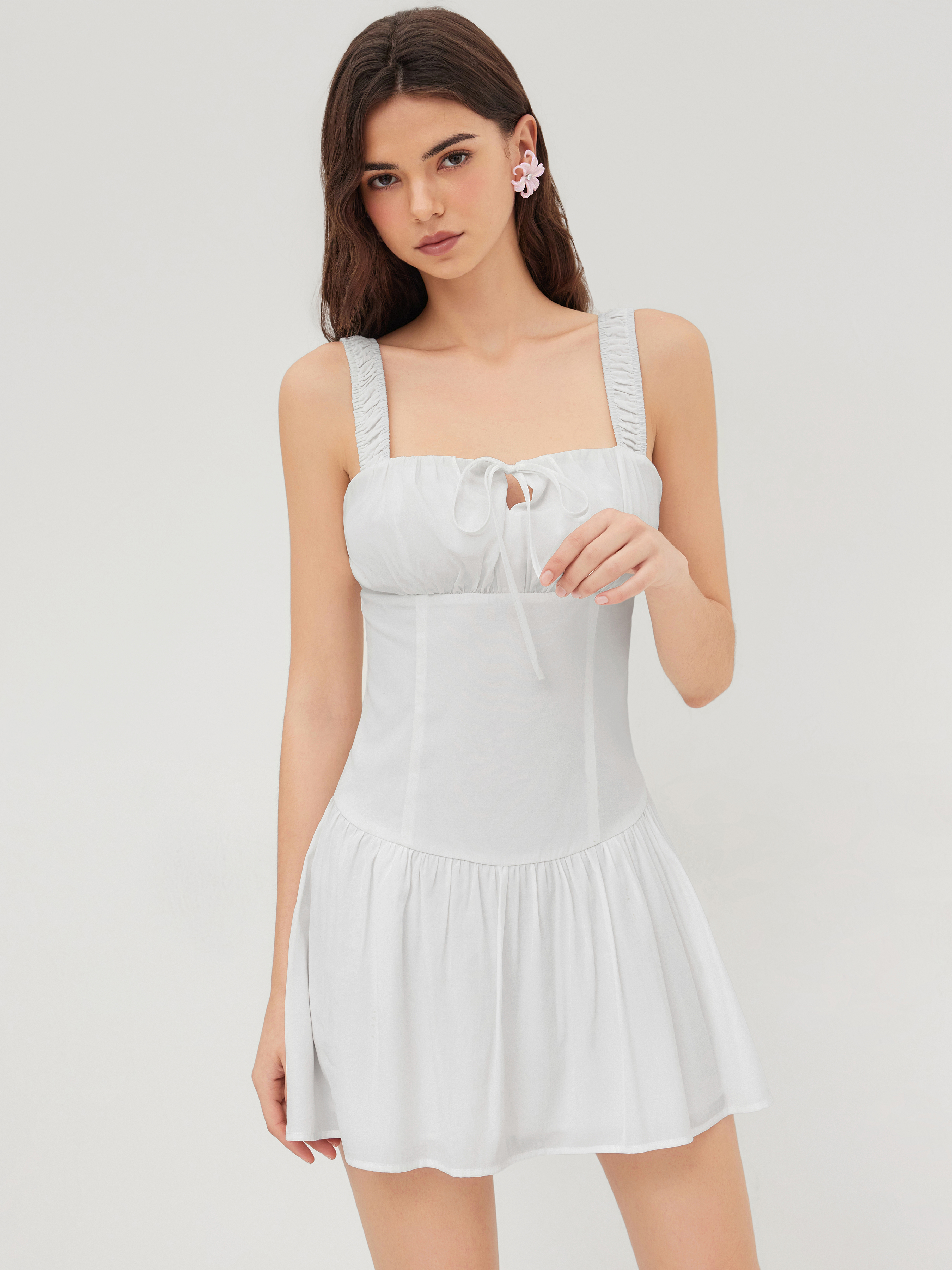 Woven Square Neck Ruffle Knotted Ruched Straps Mini Dress
