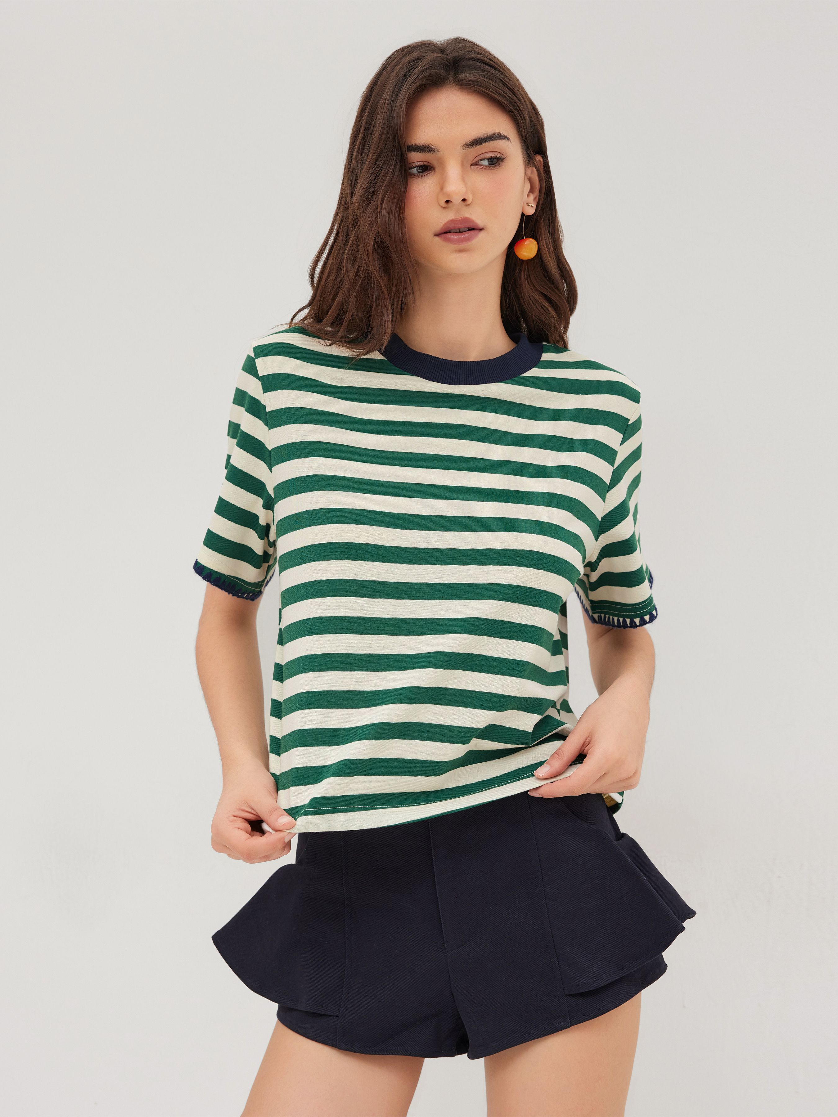Knit Fabric Oversized Cotton-blend Stripe Tee For Daily Casual