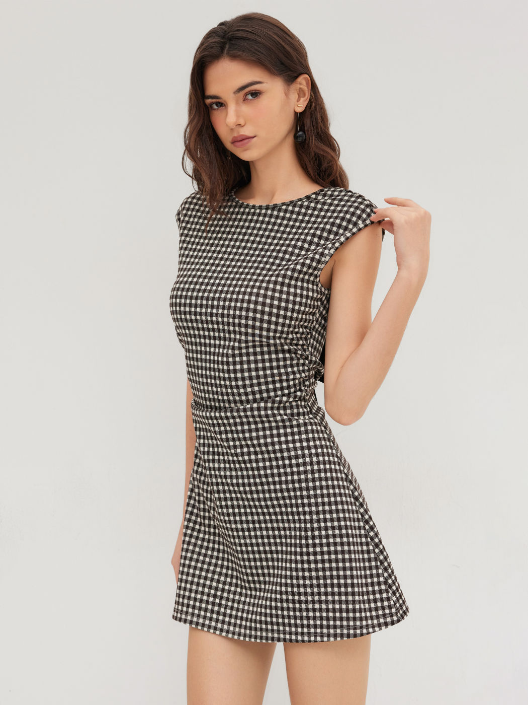 Boat Neck Gingham Backless Bowknot Mini Dress
