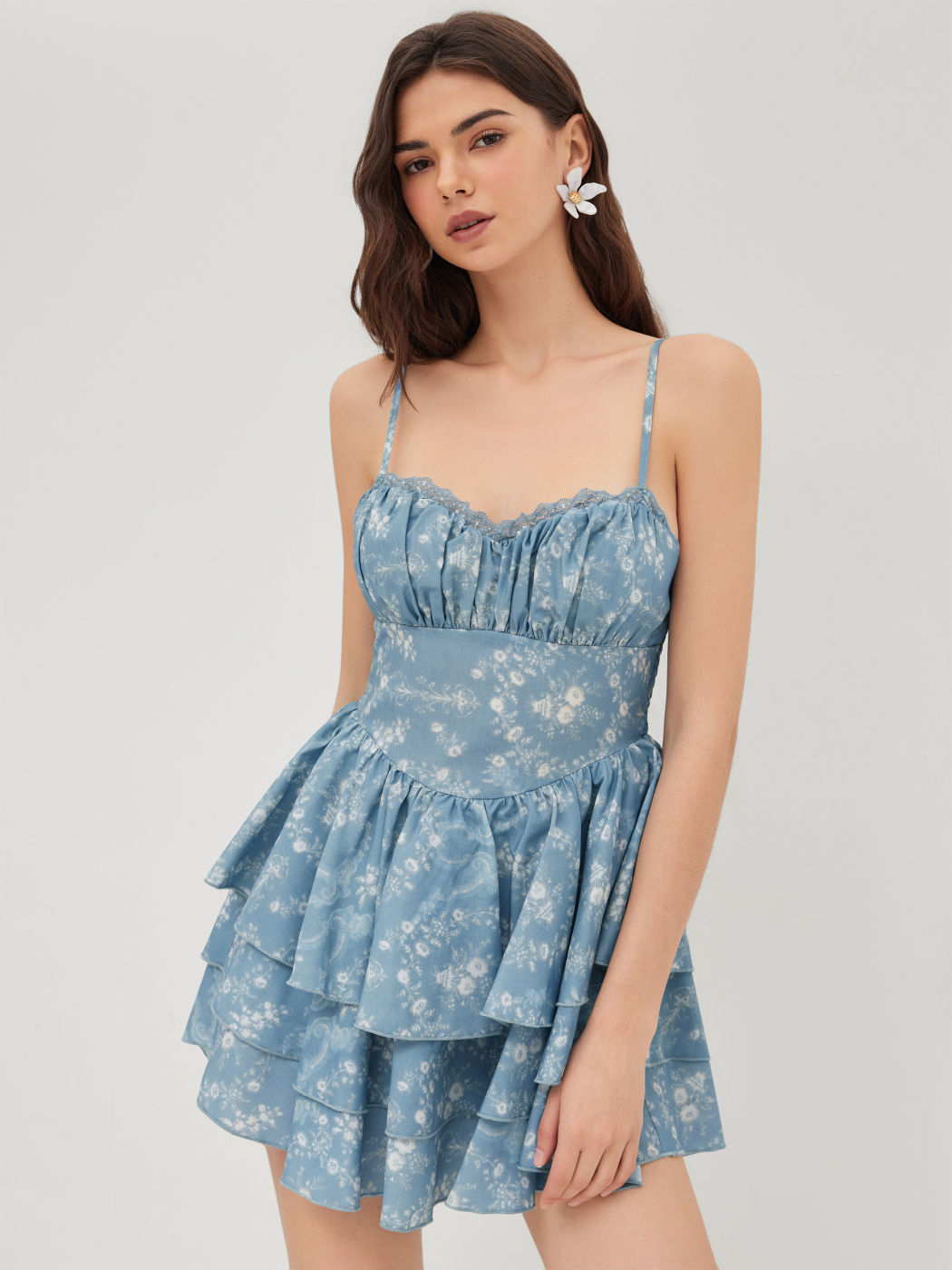 Sweetheart Floral Lace Trim Layered Shirred Mini Dress