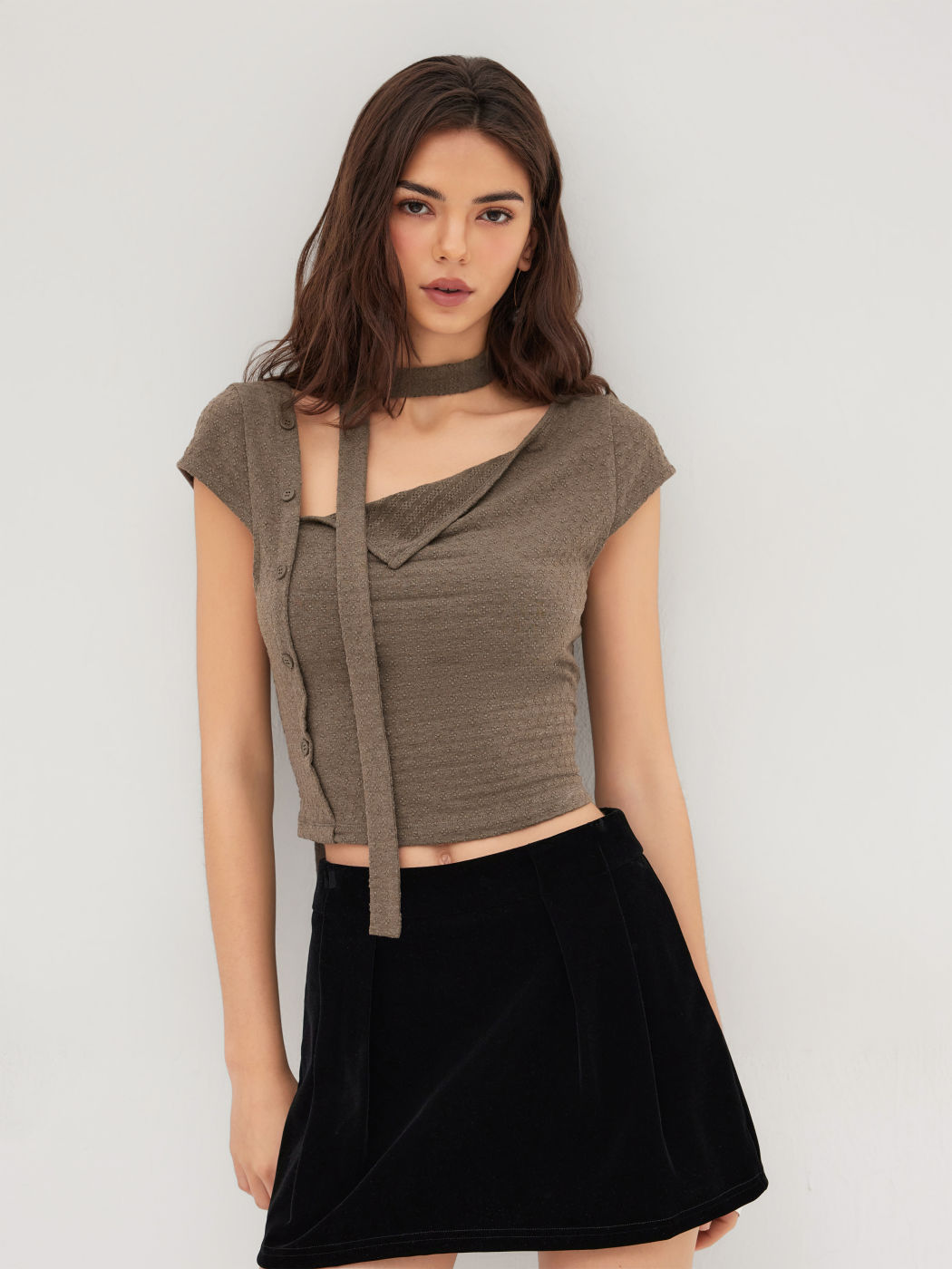 Asymmetrical Neck Texture Button Up Top With Scarf