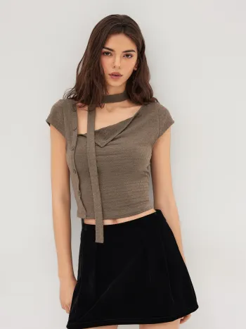 Asymmetrical Neck Texture Button Up Top With Scarf