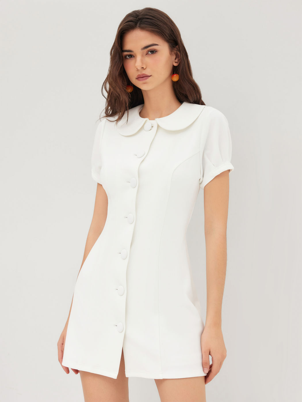 Peter Pan Collar Button Through Puff Sleeve Mini Dress