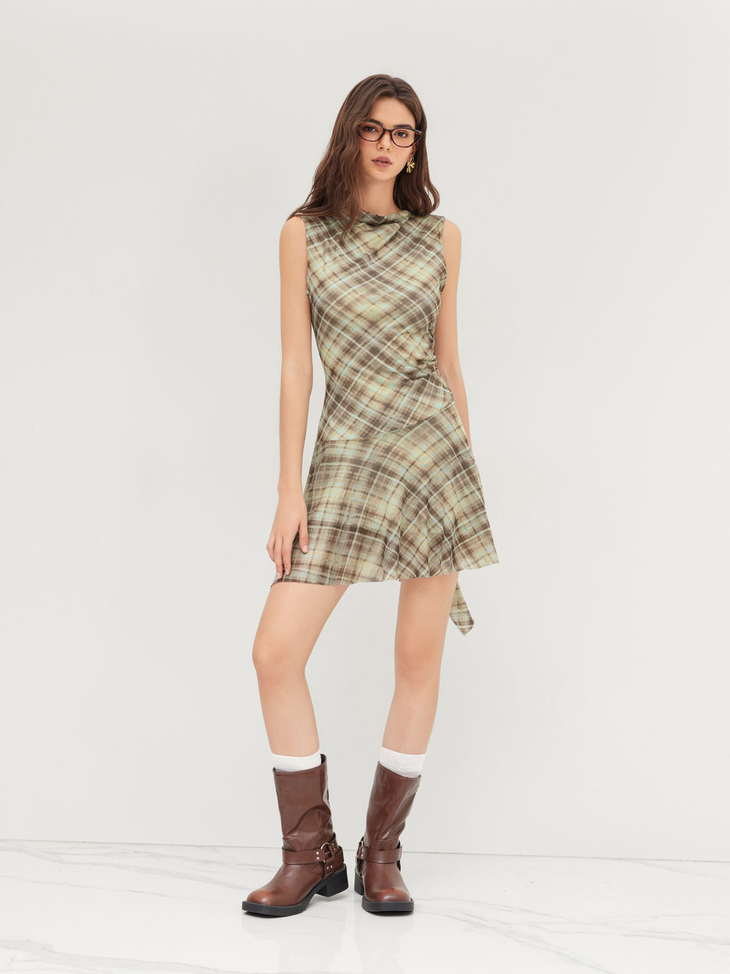 Mesh High Neck Plaid Ruched Ruffle Mini Dress