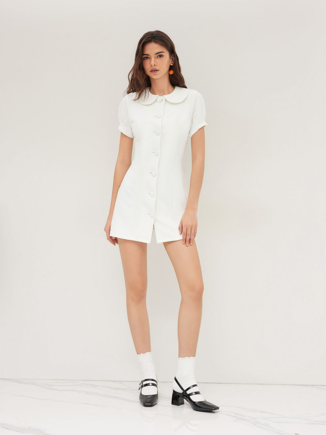 Peter Pan Collar Button Through Puff Sleeve Mini Dress