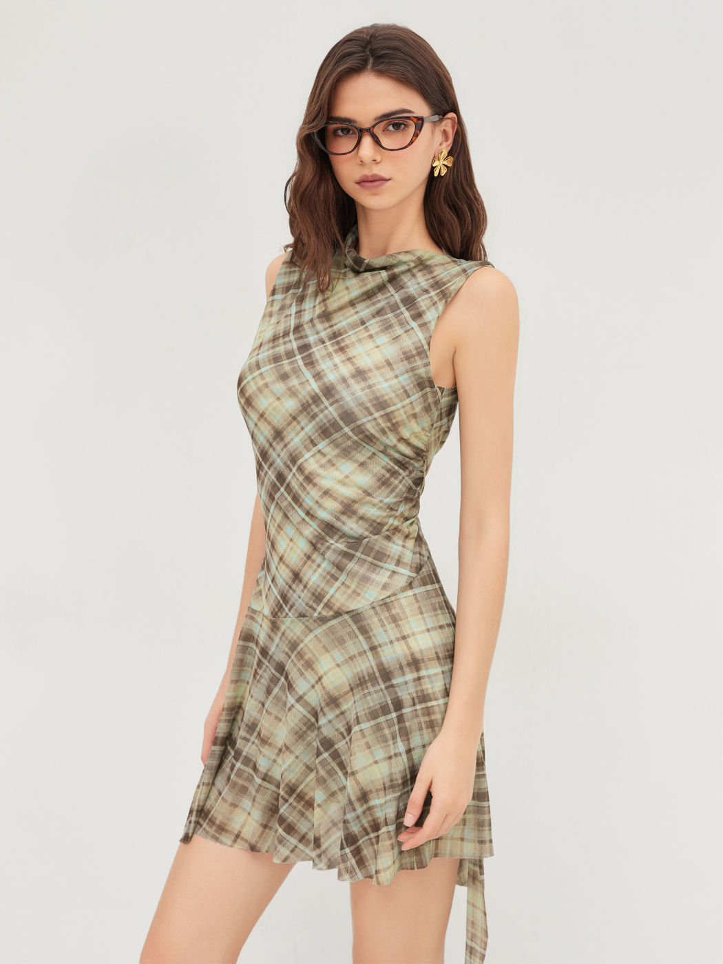 Mesh High Neck Plaid Ruched Ruffle Mini Dress