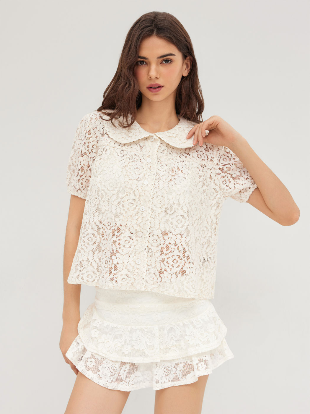 Lace Peter Pan Collar Floral See-through Oversized Blouse