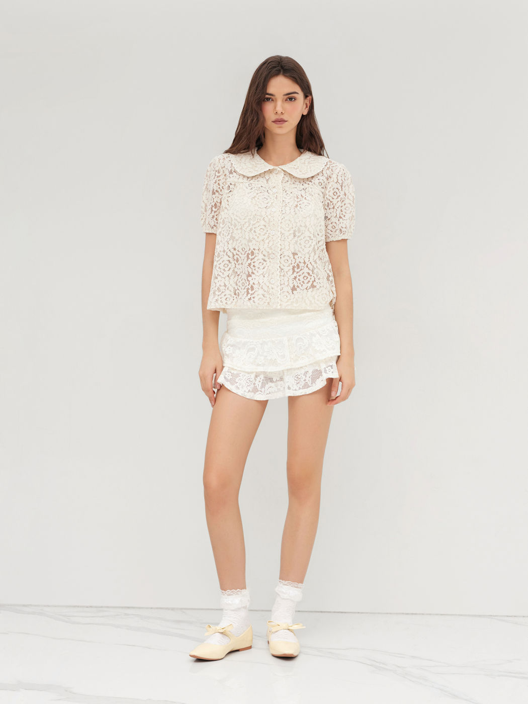 Lace Peter Pan Collar Floral See-through Oversized Blouse
