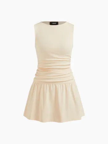 Mini-Cami-Kleid aus Baumwollmischung mit Rundhals, einfarbigem Stoff, Rüschen und Wellenrand