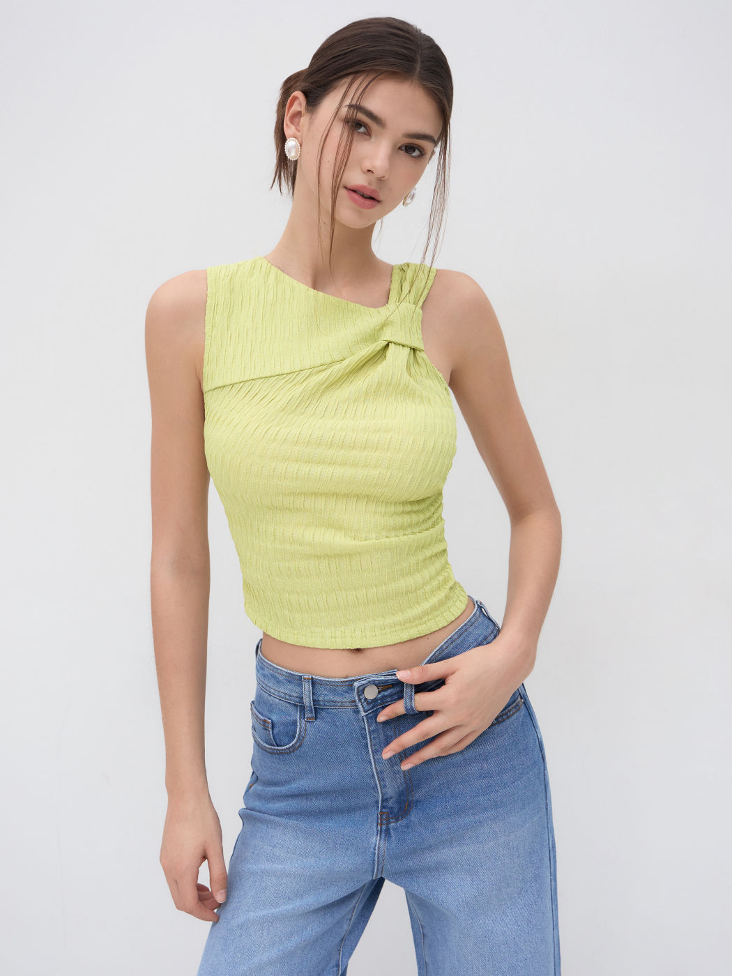 Asymmetrical Neck Ruched Crop Tank Top