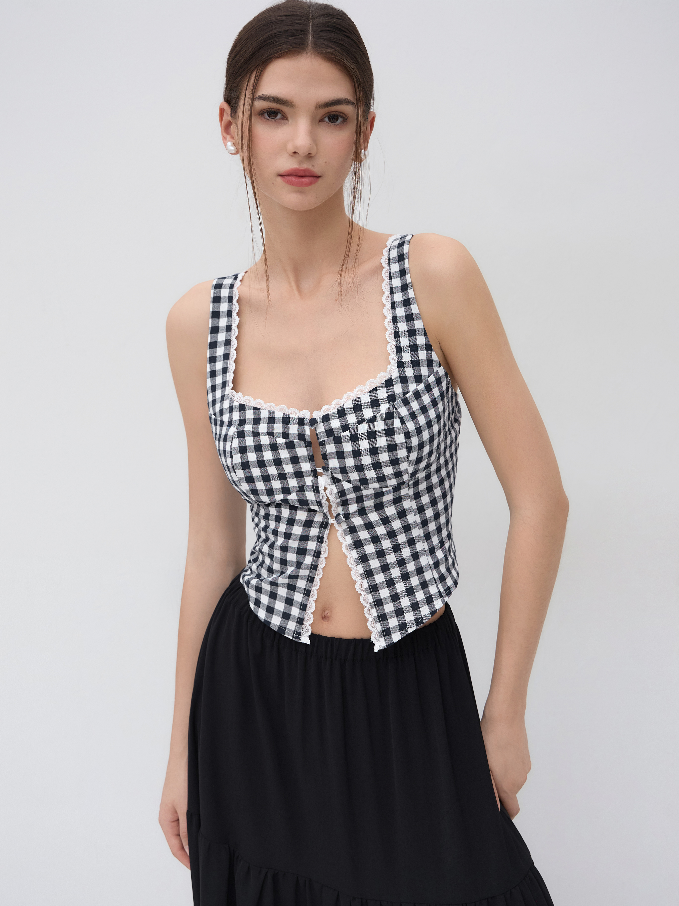 【AAKE】(5oz) CHECK PATCH CROP PADDING Woven Gingham Lace Trim Split Crop Tank Top For Vacation