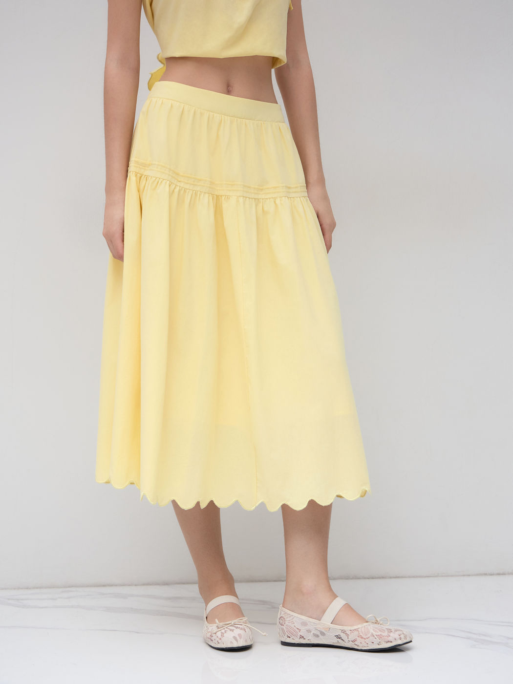Baumwoll-Maxi-Skirt mit gekerbten Rüschen