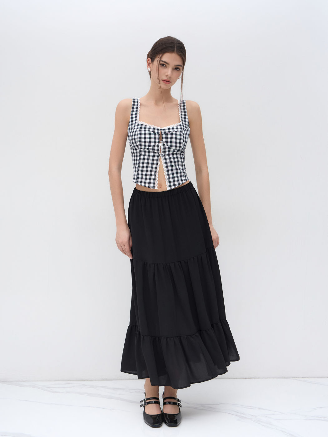 Gingham Lace Trim Split Crop Tank Top