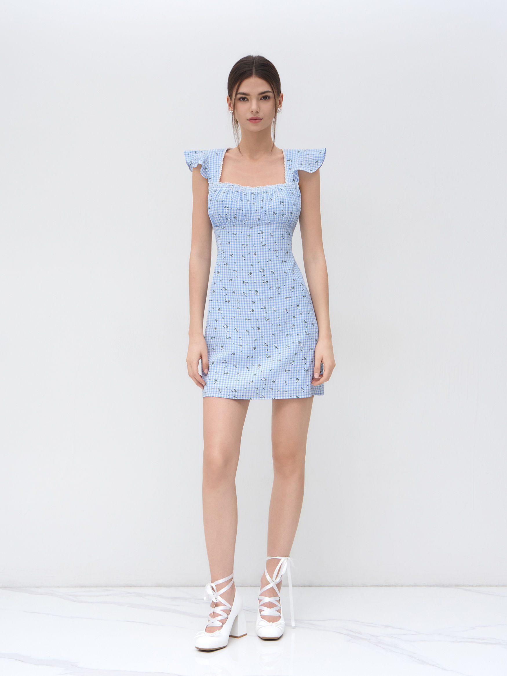Cotton-blend Gingham Floral Lace Trim Mini Dress