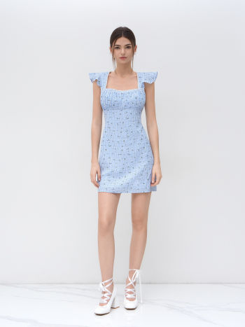 Cotton-blend Gingham Floral Lace Trim Mini Dress
