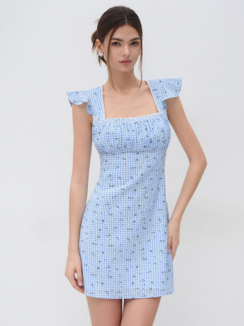 Cotton-blend Gingham Floral Lace Trim Mini Dress