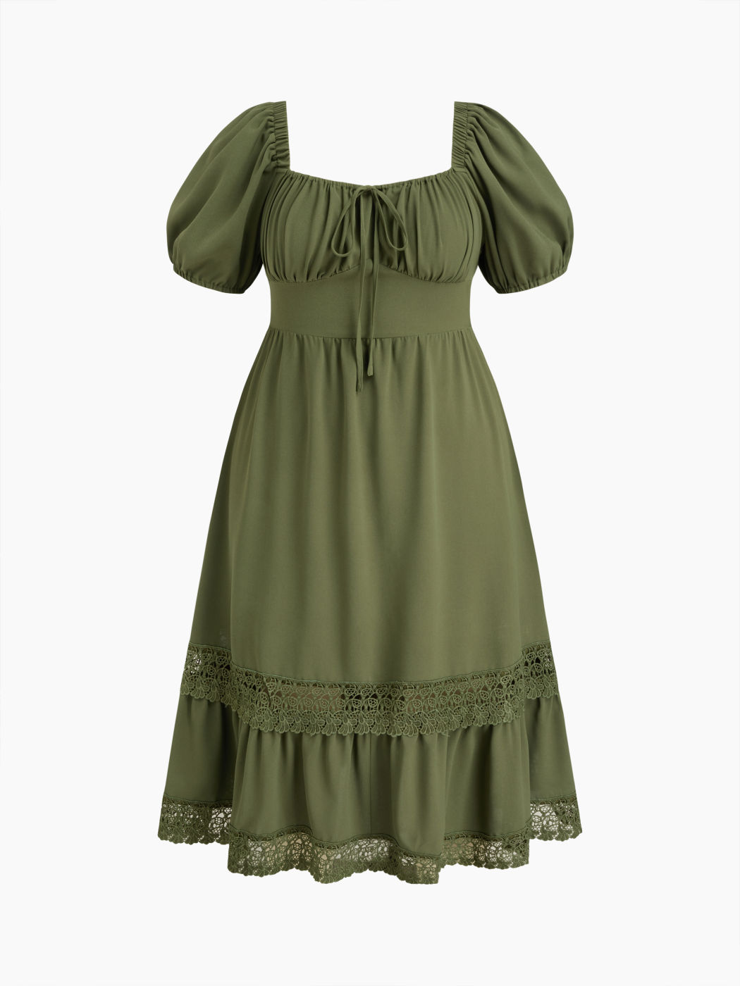 Abito Maxi Curvy & Plus in Chiffon con Scollo Quadrato, Fiocco e Dettagli in Pizzo