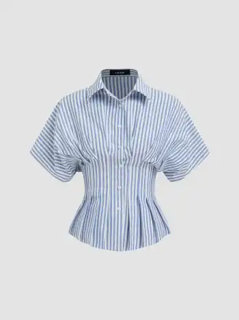 Cotton-blend Collar Stripe Pleated Cinched Waist Shirt