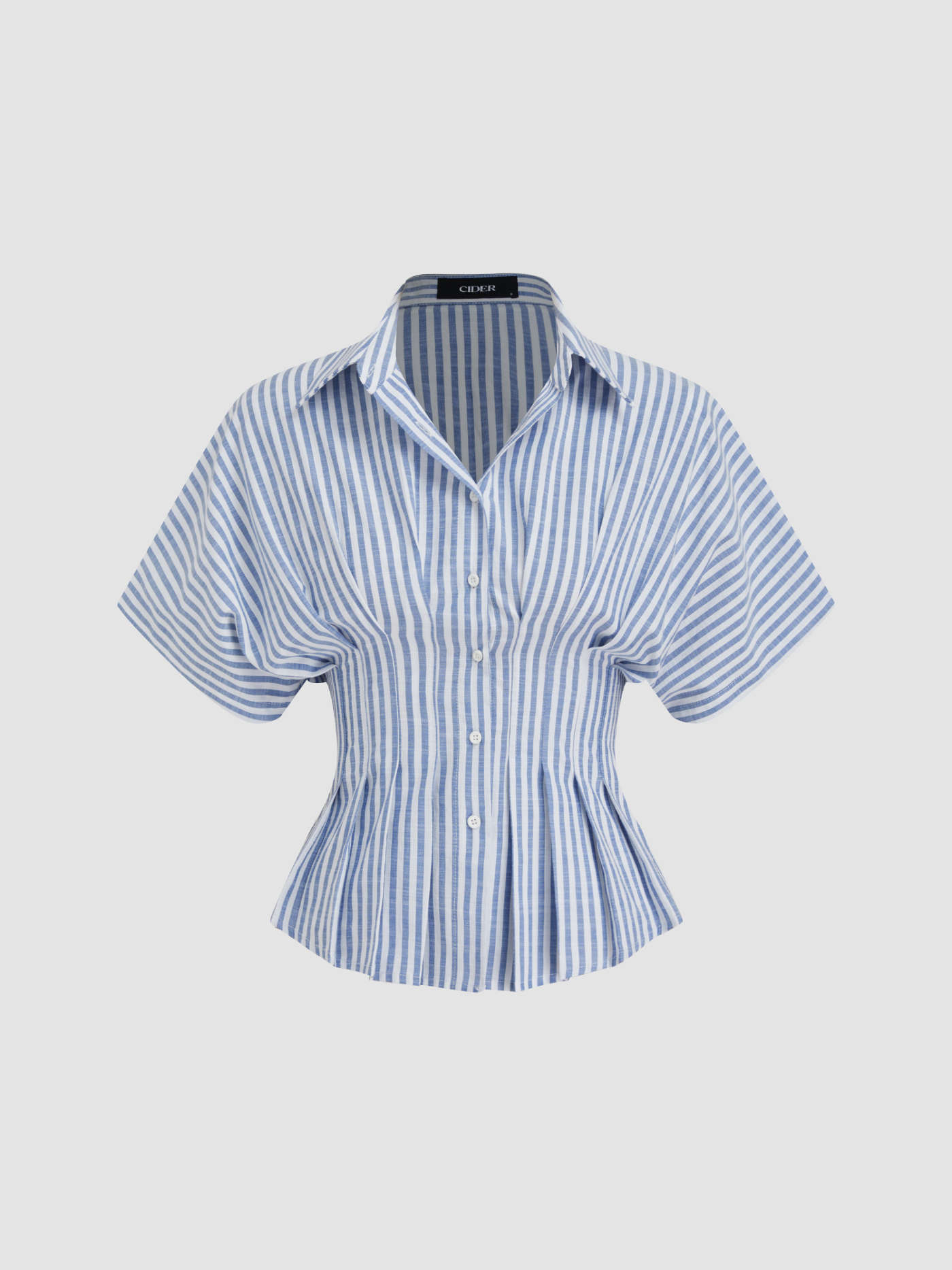 Cotton-blend Collar Stripe Pleated Cinched Waist Shirt