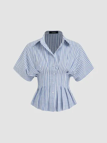 Cotton-blend Collar Stripe Pleated Cinched Waist Shirt