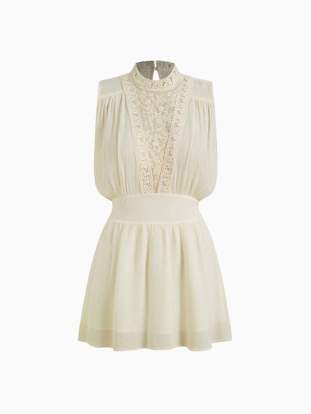 High Neck Cut Out Embroidery Elastic Waist Ruffle Mini Dress