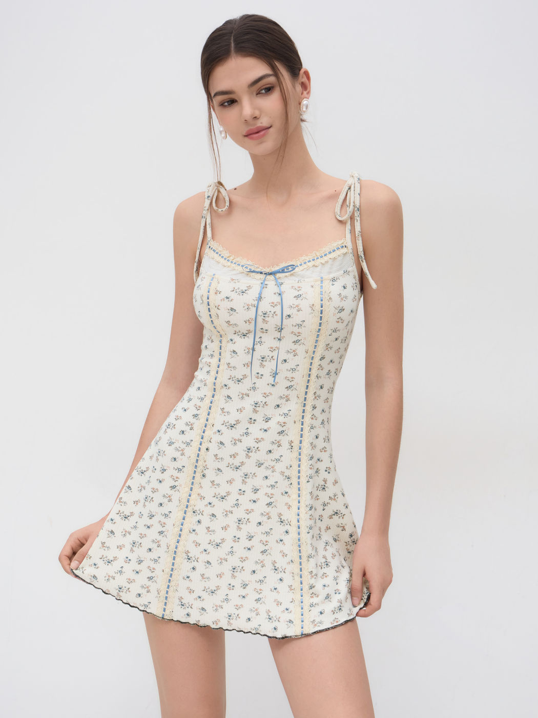 Floral Bowknot Lettuce Trim Mini Dress