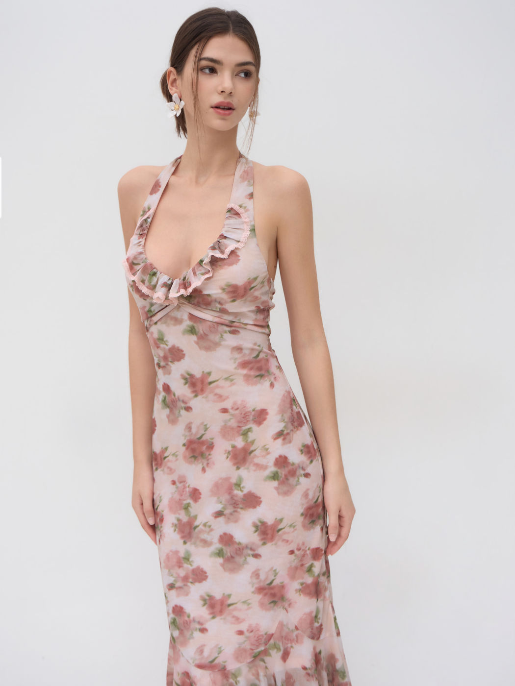 Halter Neckline Floral Ruched Lace Trim Ruffle Maxi Dress