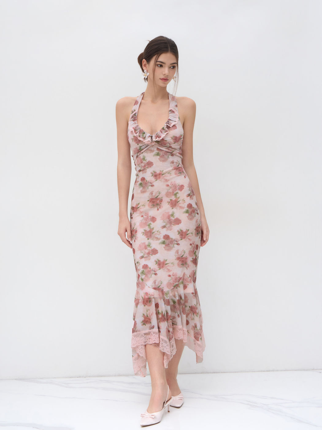 Halter Neckline Floral Ruched Lace Trim Ruffle Maxi Dress